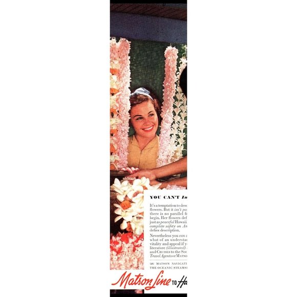 1940 Matson Line Cruise Ships Ocean Liners Vintage Print Ad Flowers Lei Hawaii - Picture 2 of 2